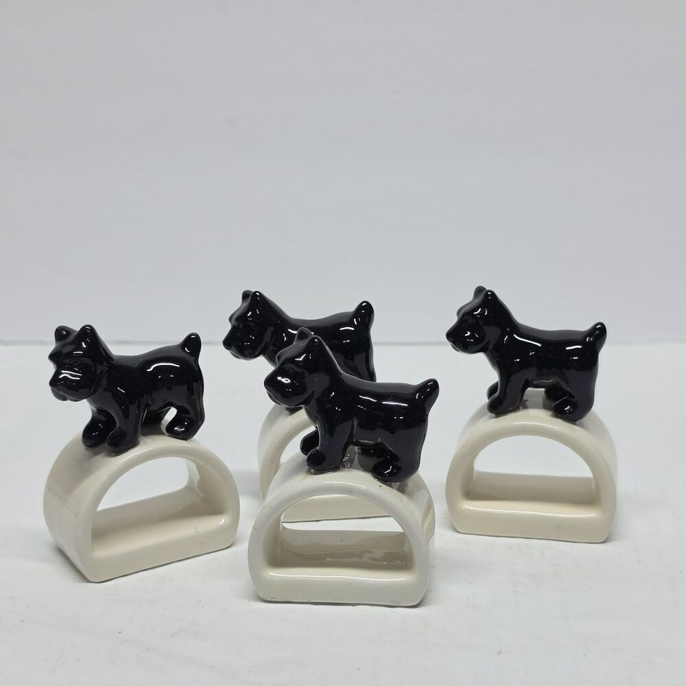 Thomas O'Brian Black Scottie Puppy Dogs Napkin Rings Set of 4 Y2K New W Defect